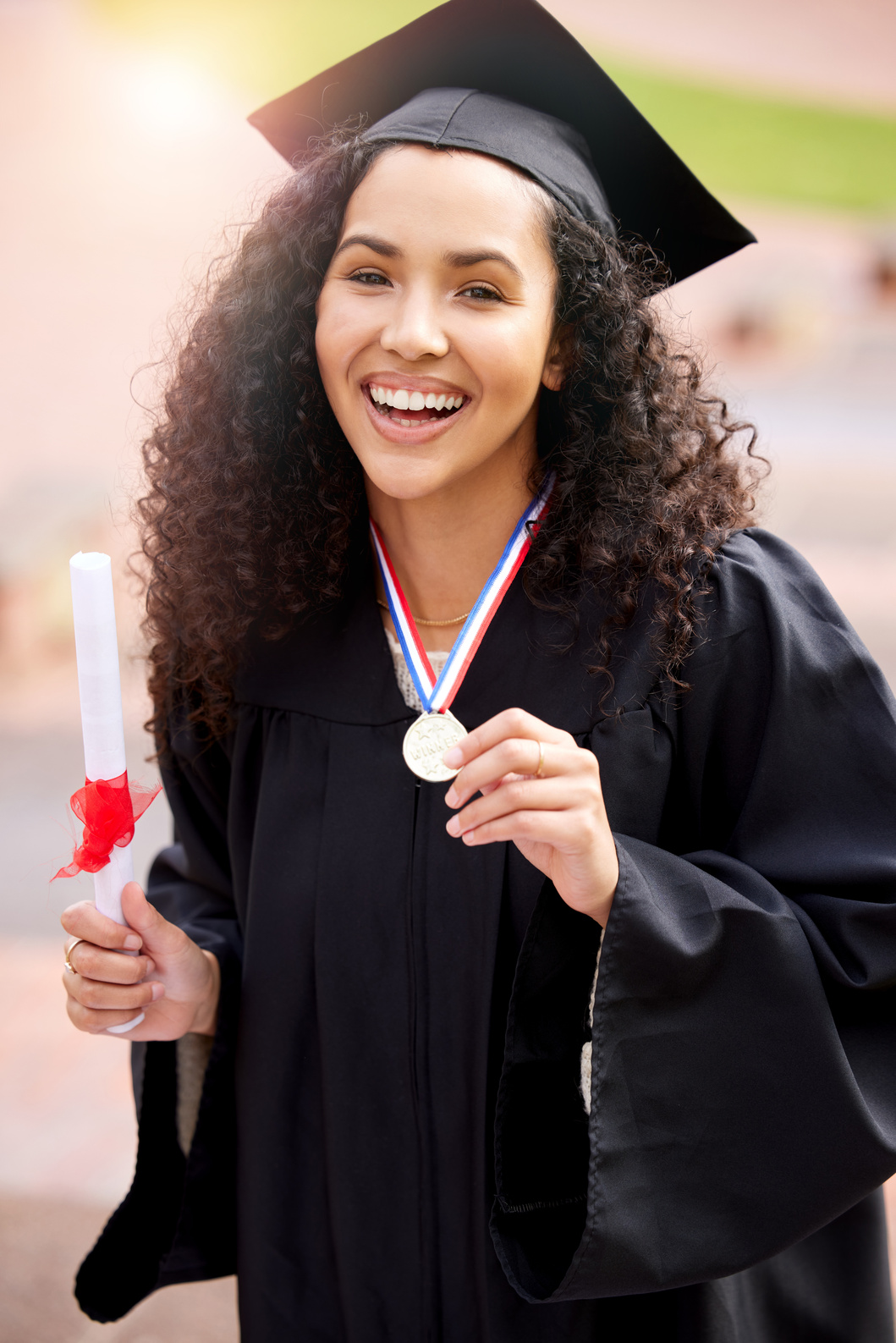 University Valedictorian, Woman Portrait and College Degree with Achievement with Medal. Female Person, Education Certificate and Campus Winner with Class Graduate and Happiness from Study Success